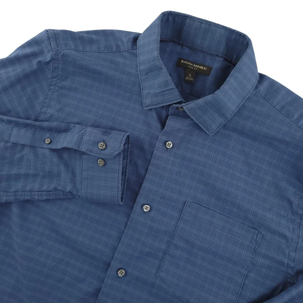 Banana Republic Shirt Mens XL Blue Check Long Sleeve Button Up Slim Fit Casual